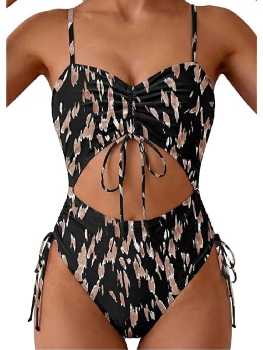 NEW! Viottiset Black & Tan Leopard Cutout Drawstring One-Piece Swimsuit Sz Small